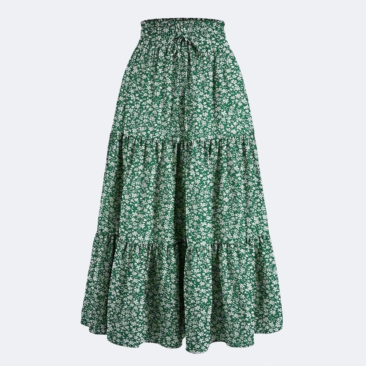 Women Summer Boho Flowy Midi Skirt, Fashion High Waist Drawstring A-line Skirts Floral Print Ruffle Ruched Casual Clothes