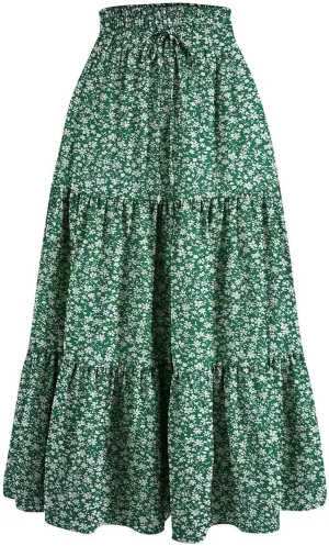 Women Summer Boho Flowy Midi Skirt, Fashion High Waist Drawstring A-line Skirts Floral Print Ruffle Ruched Casual Clothes