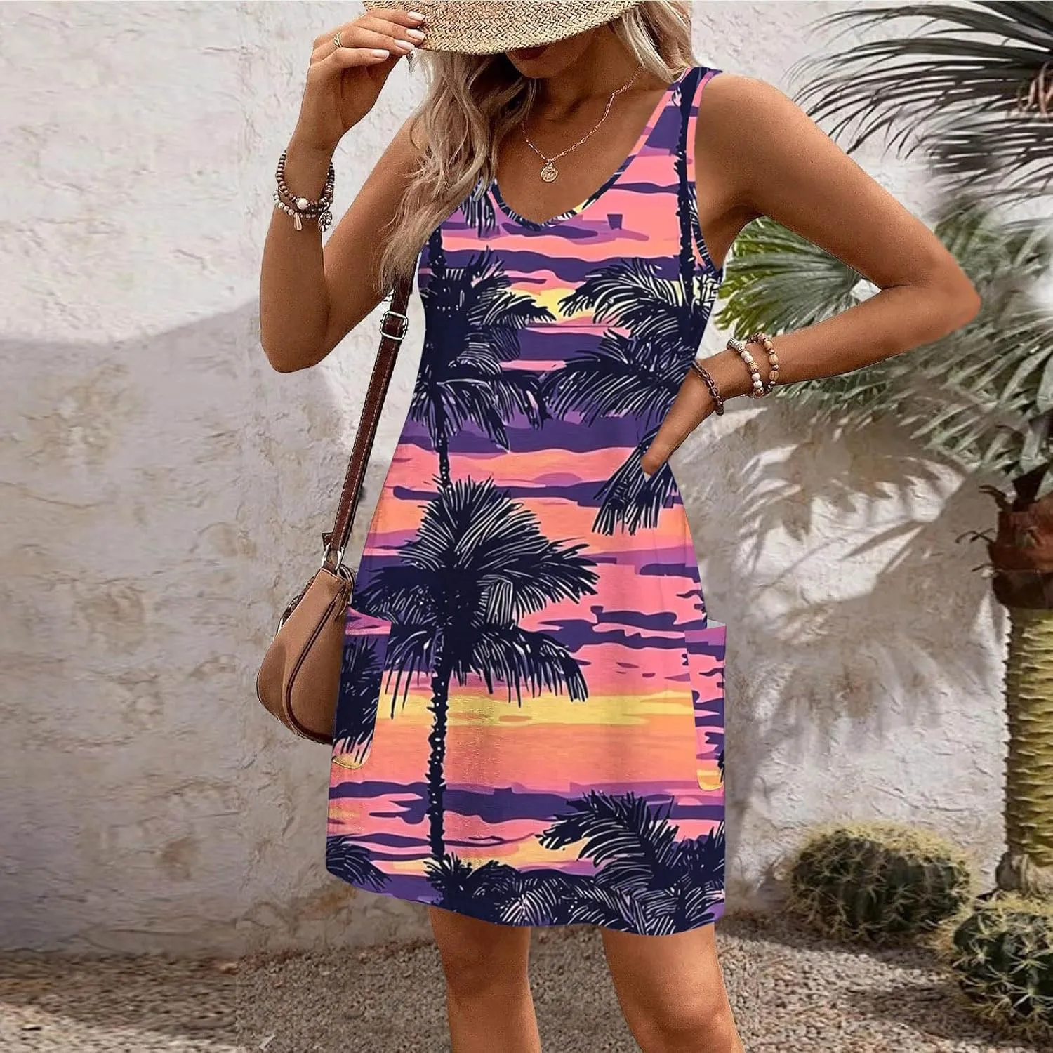 Women Summer Boho Tank Dress Sleeveless Beach Cover Up with Pockets Casual V Neck Dresses Holiday Sundress Outfits