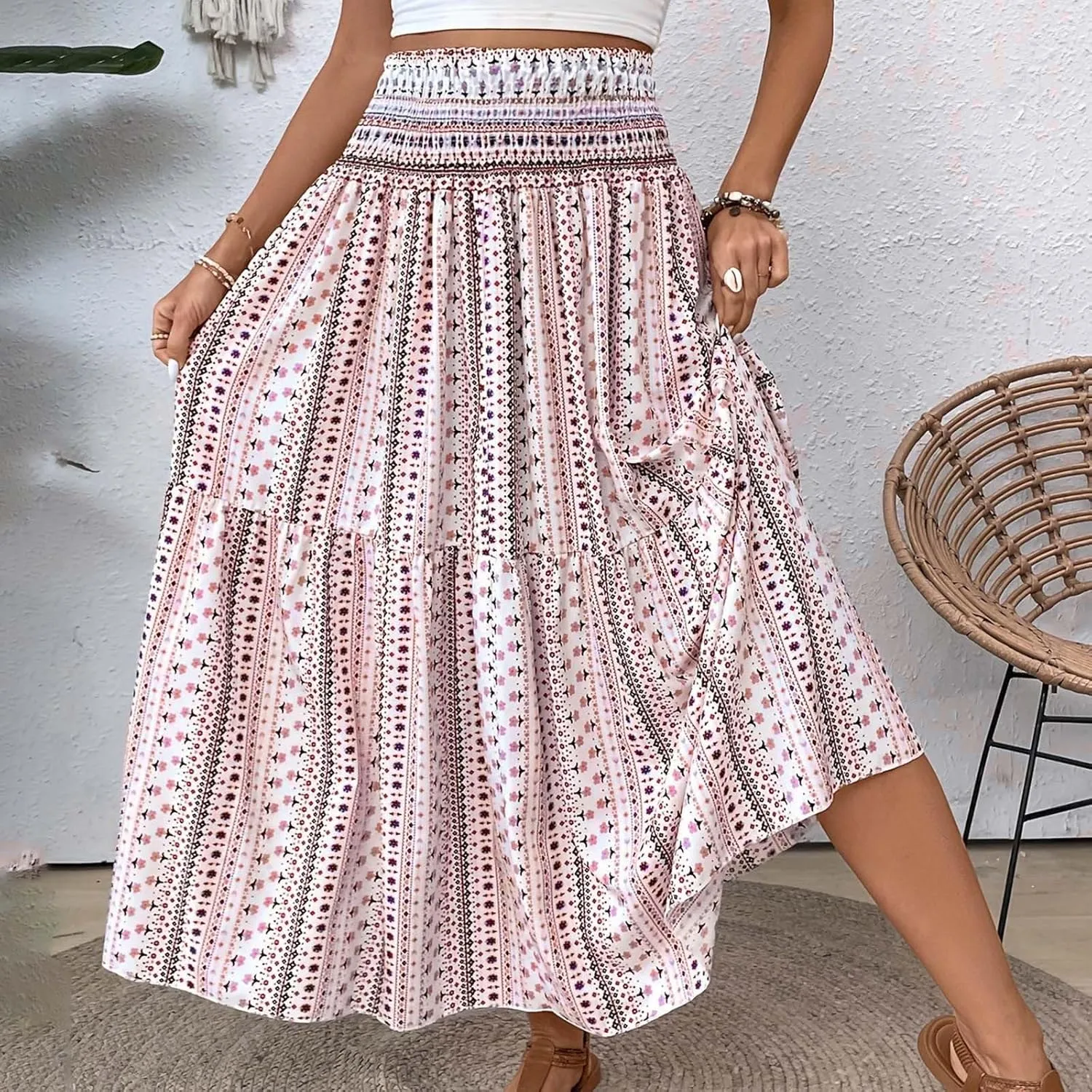 Women Summer Floral Maxi Skirt Boho Flowy Elastic High Waist Long Skirt Comfy Vacation Beach Color Block A-Line Skirts