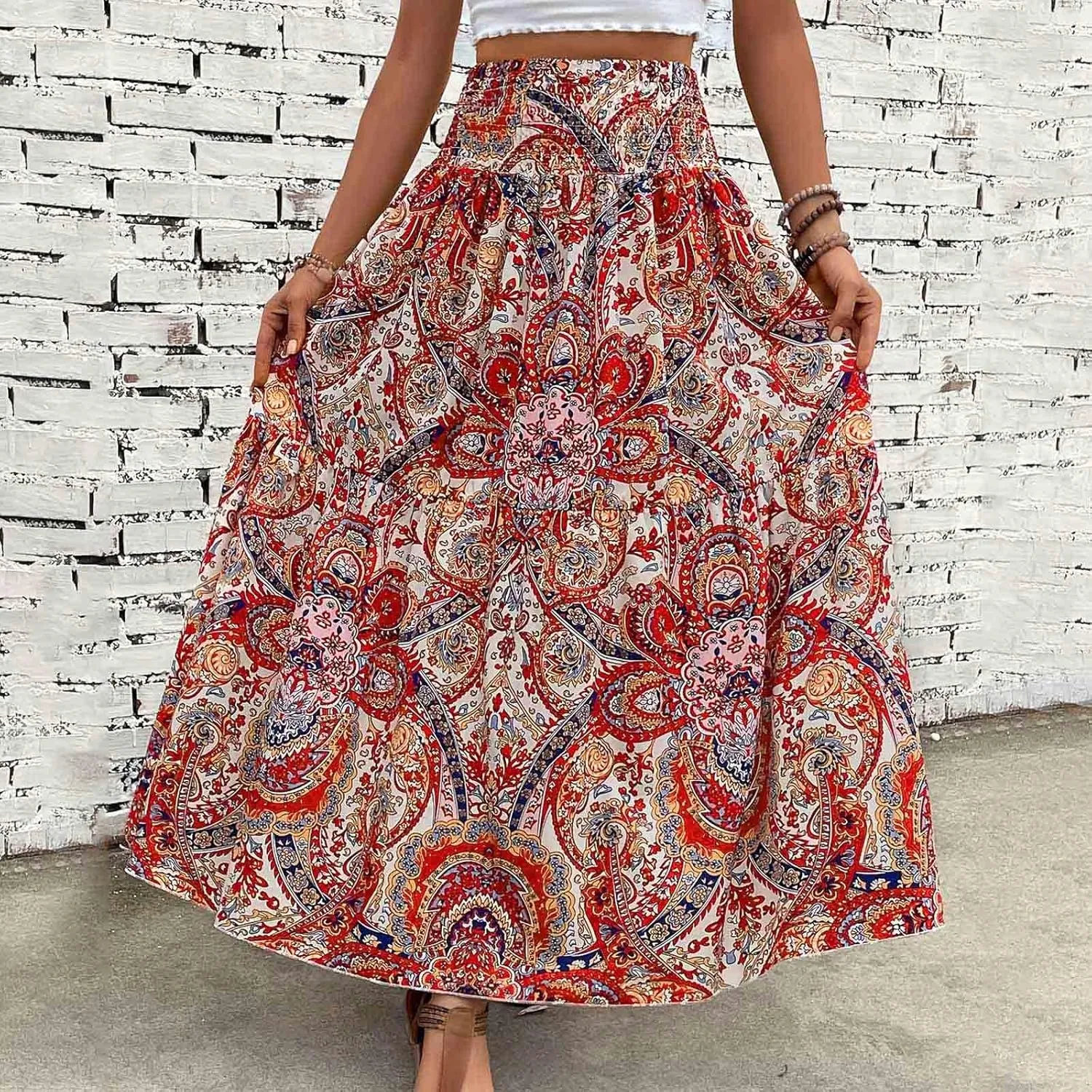 Women Summer Floral Maxi Skirt Boho Flowy Elastic High Waist Long Skirt Comfy Vacation Beach Color Block A-Line Skirts