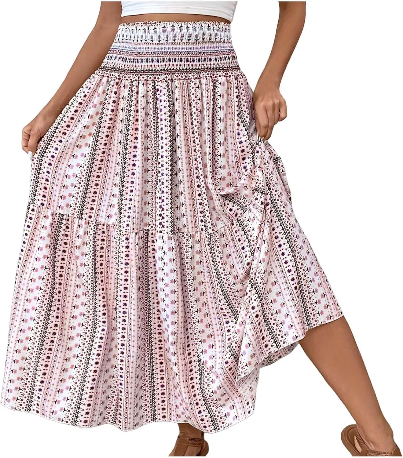 Women Summer Floral Maxi Skirt Boho Flowy Elastic High Waist Long Skirt Comfy Vacation Beach Color Block A-Line Skirts