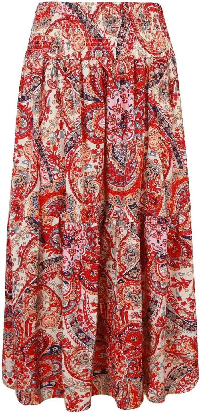 Women Summer Floral Maxi Skirt Boho Flowy Elastic High Waist Long Skirt Comfy Vacation Beach Color Block A-Line Skirts