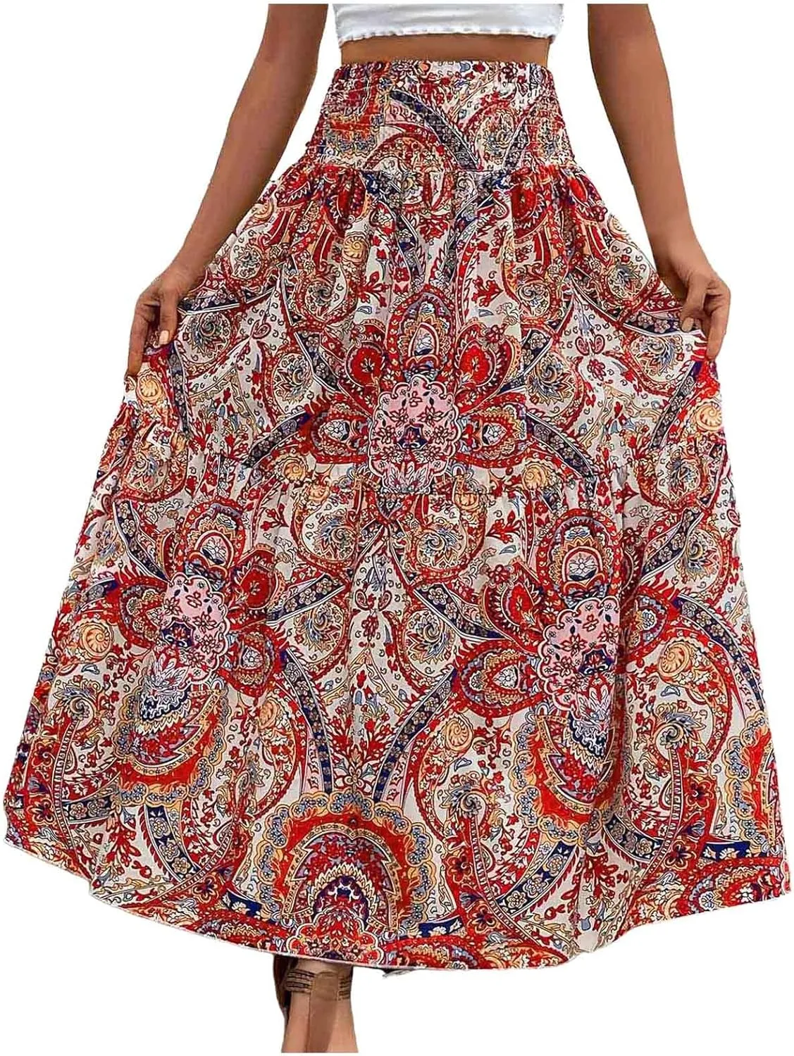 Women Summer Floral Maxi Skirt Boho Flowy Elastic High Waist Long Skirt Comfy Vacation Beach Color Block A-Line Skirts