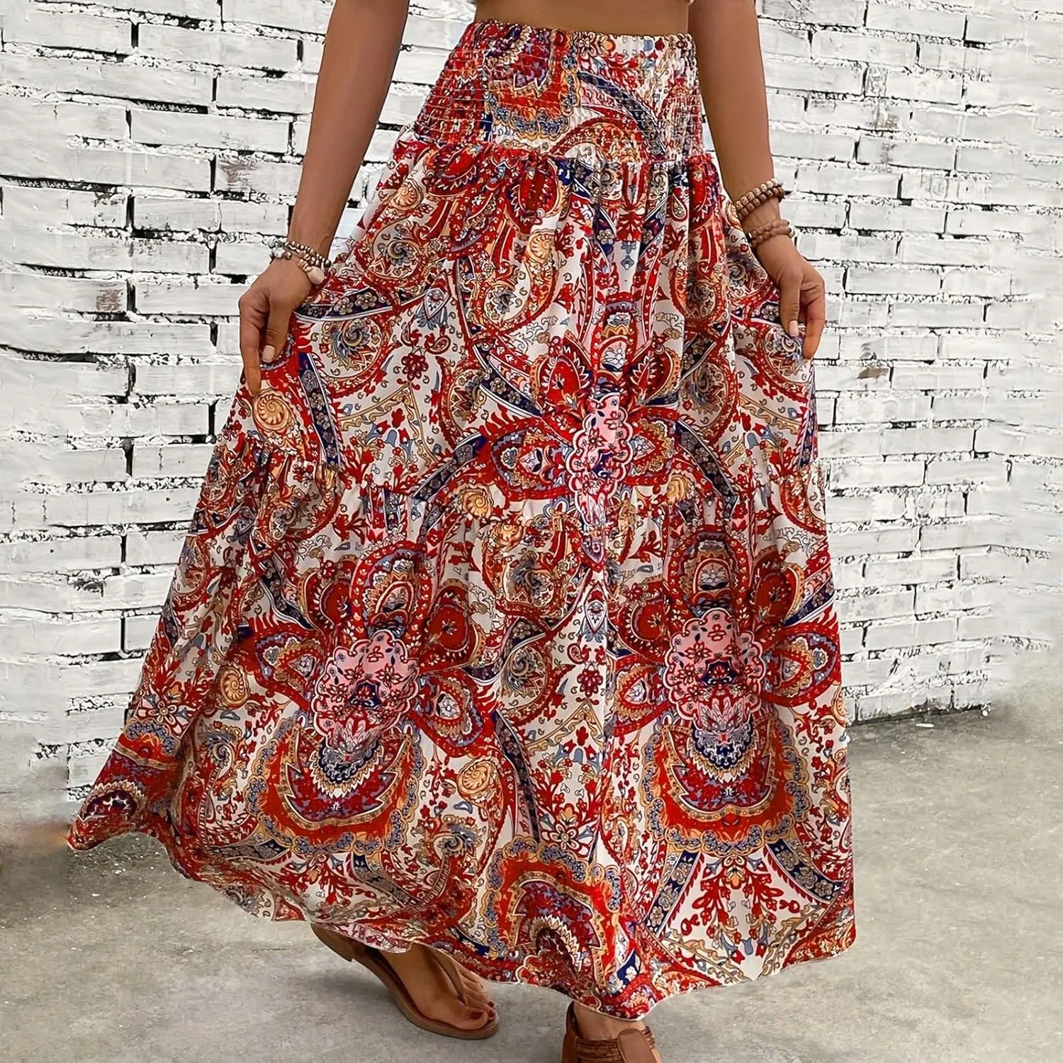 Women Summer Floral Maxi Skirt Boho Flowy Elastic High Waist Long Skirt Comfy Vacation Beach Color Block A-Line Skirts