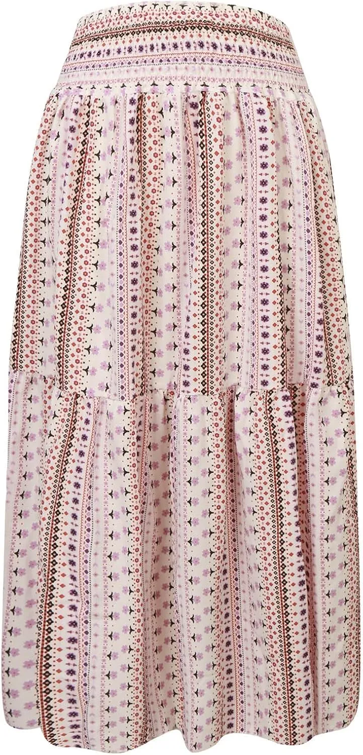 Women Summer Floral Maxi Skirt Boho Flowy Elastic High Waist Long Skirt Comfy Vacation Beach Color Block A-Line Skirts