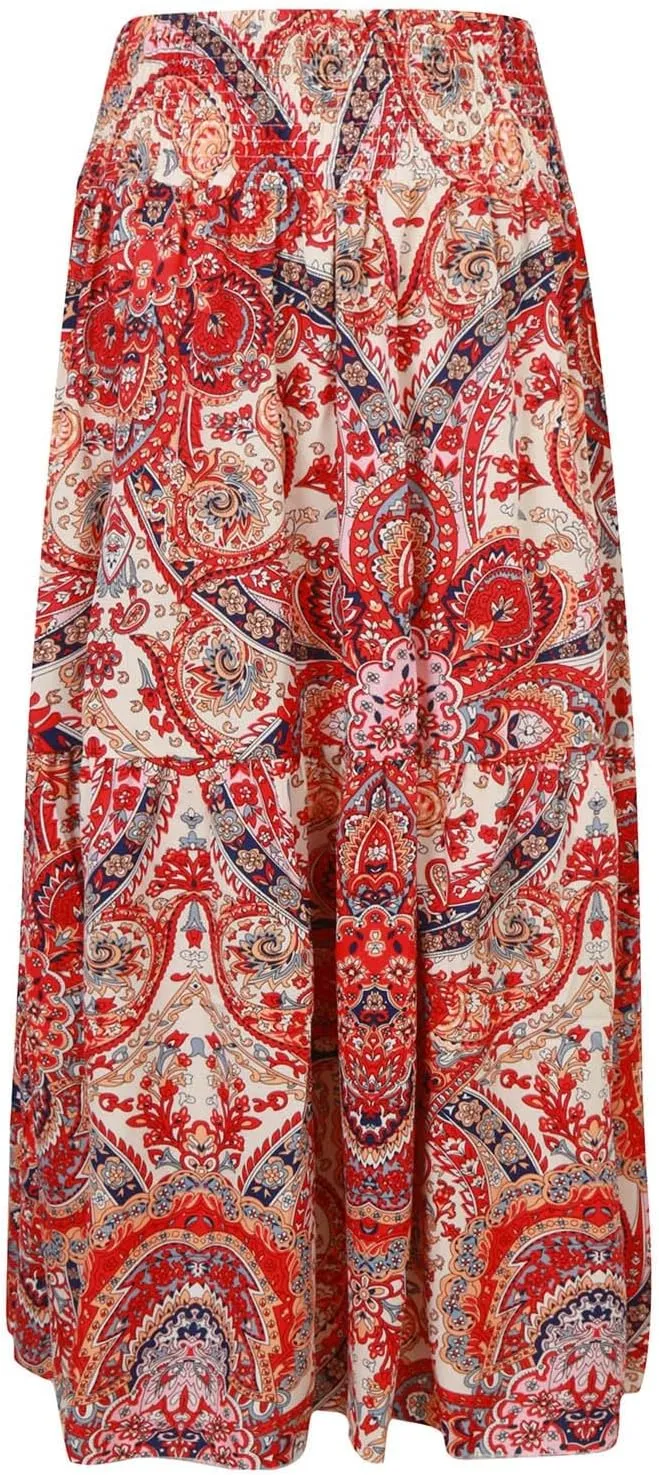 Women Summer Floral Maxi Skirt Boho Flowy Elastic High Waist Long Skirt Comfy Vacation Beach Color Block A-Line Skirts
