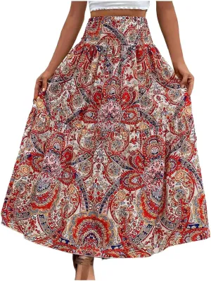 Women Summer Floral Maxi Skirt Boho Flowy Elastic High Waist Long Skirt Comfy Vacation Beach Color Block A-Line Skirts