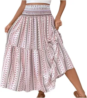 Women Summer Floral Maxi Skirt Boho Flowy Elastic High Waist Long Skirt Comfy Vacation Beach Color Block A-Line Skirts