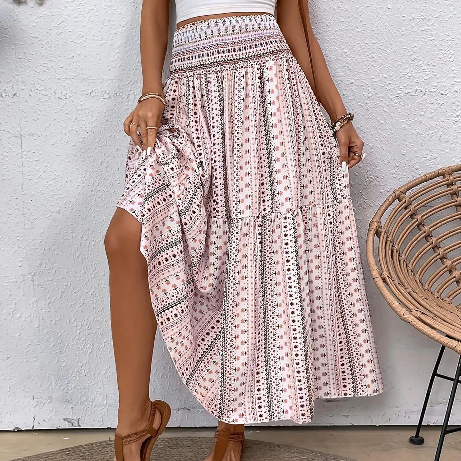 Women Summer Floral Maxi Skirt Boho Flowy Elastic High Waist Long Skirt Comfy Vacation Beach Color Block A-Line Skirts