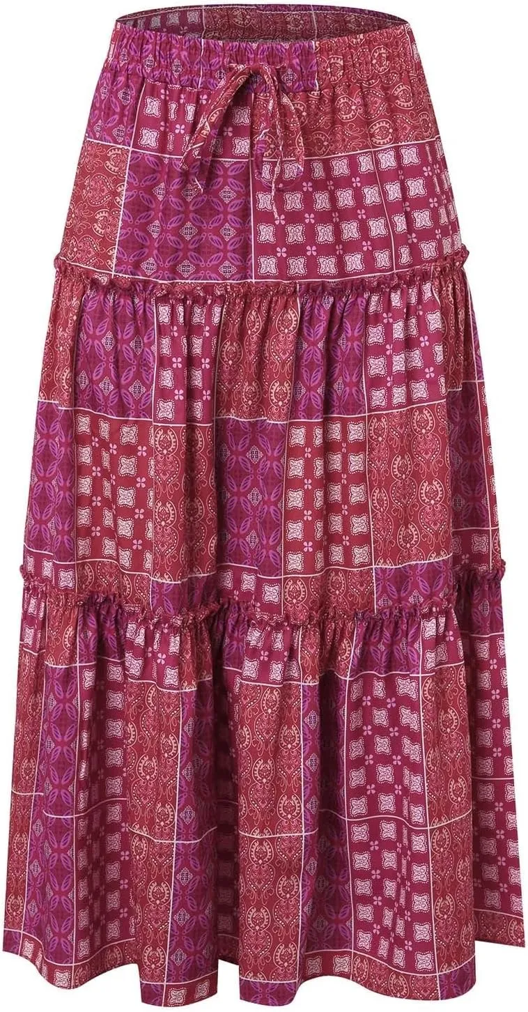 Women Summer Floral Maxi Skirt Boho Flowy Plaid Long Skirt Comfy Pleated Vacation Beach Color Block A-Line Skirts