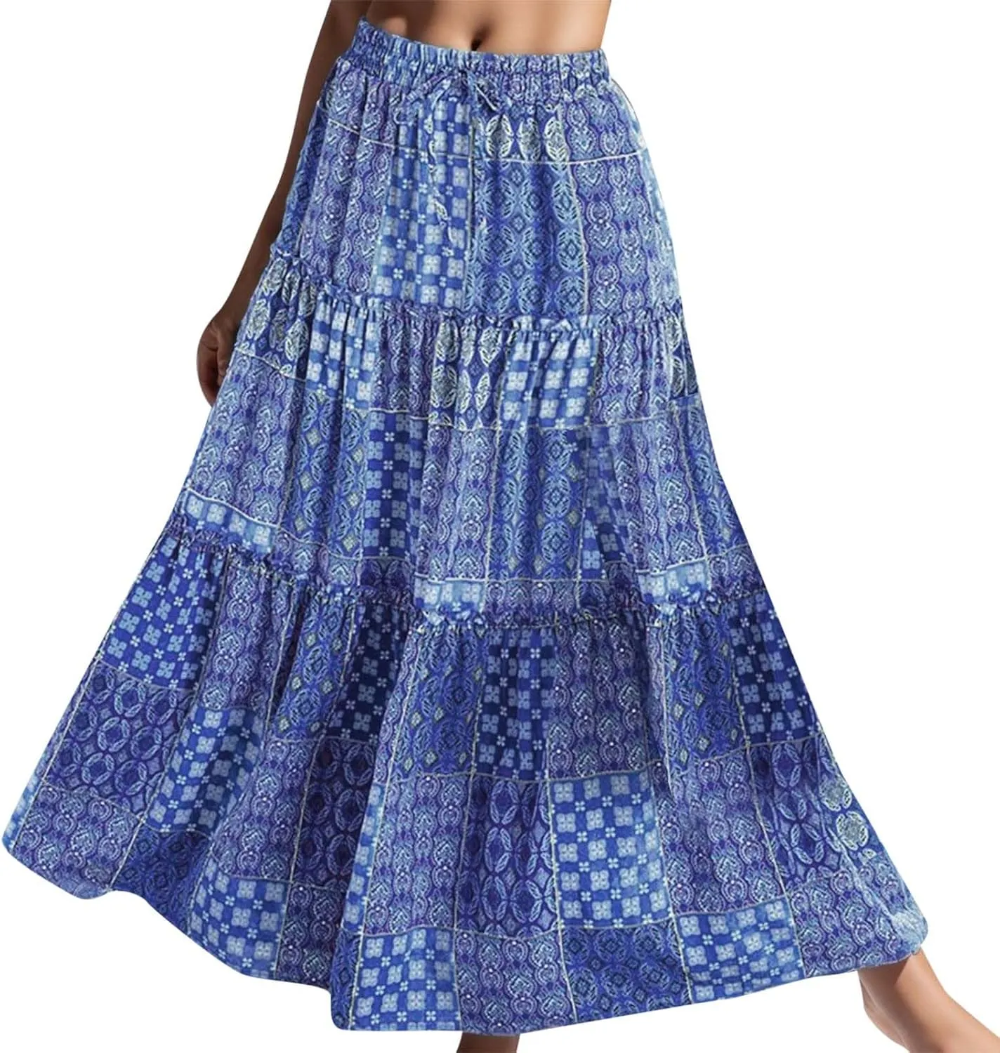 Women Summer Floral Maxi Skirt Boho Flowy Plaid Long Skirt Comfy Pleated Vacation Beach Color Block A-Line Skirts