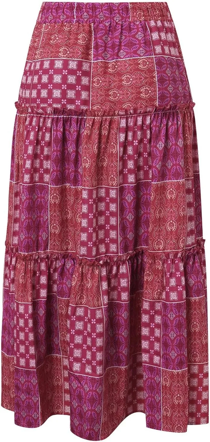 Women Summer Floral Maxi Skirt Boho Flowy Plaid Long Skirt Comfy Pleated Vacation Beach Color Block A-Line Skirts