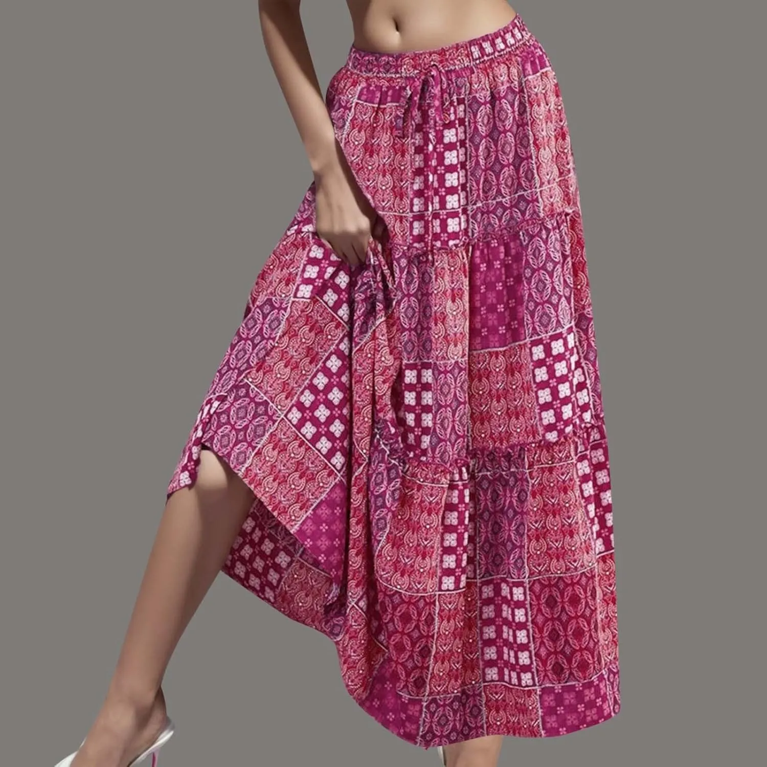 Women Summer Floral Maxi Skirt Boho Flowy Plaid Long Skirt Comfy Pleated Vacation Beach Color Block A-Line Skirts