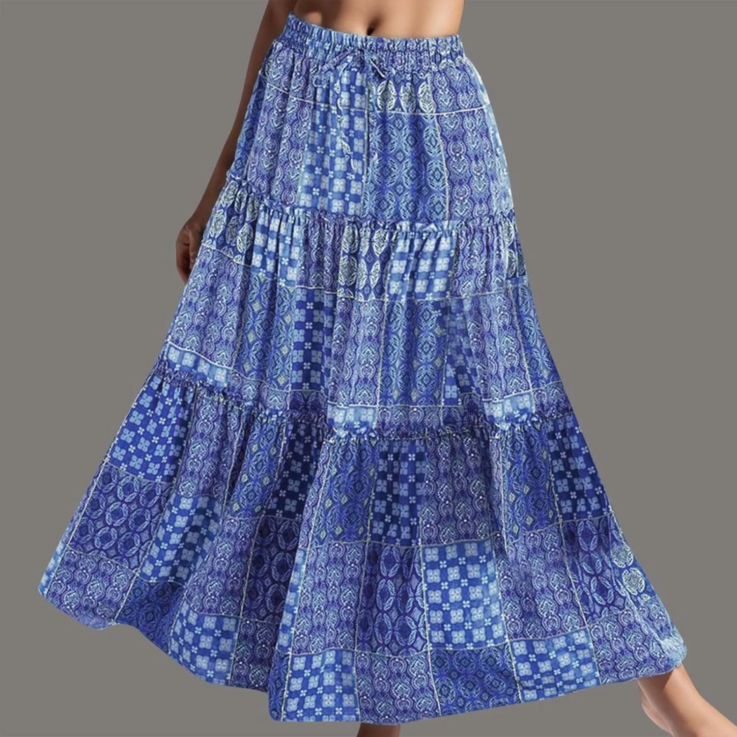 Women Summer Floral Maxi Skirt Boho Flowy Plaid Long Skirt Comfy Pleated Vacation Beach Color Block A-Line Skirts