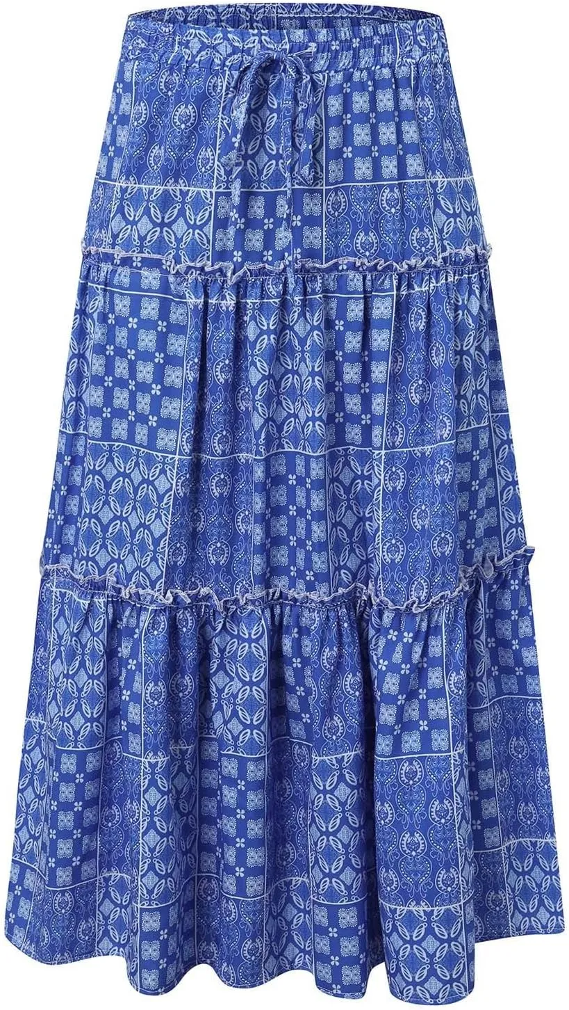 Women Summer Floral Maxi Skirt Boho Flowy Plaid Long Skirt Comfy Pleated Vacation Beach Color Block A-Line Skirts