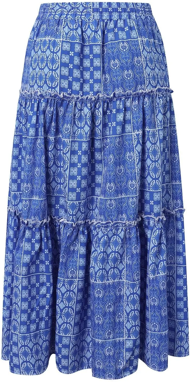 Women Summer Floral Maxi Skirt Boho Flowy Plaid Long Skirt Comfy Pleated Vacation Beach Color Block A-Line Skirts