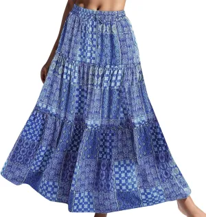 Women Summer Floral Maxi Skirt Boho Flowy Plaid Long Skirt Comfy Pleated Vacation Beach Color Block A-Line Skirts