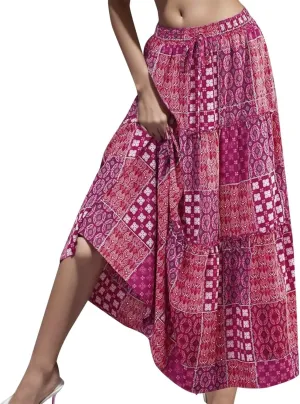 Women Summer Floral Maxi Skirt Boho Flowy Plaid Long Skirt Comfy Pleated Vacation Beach Color Block A-Line Skirts