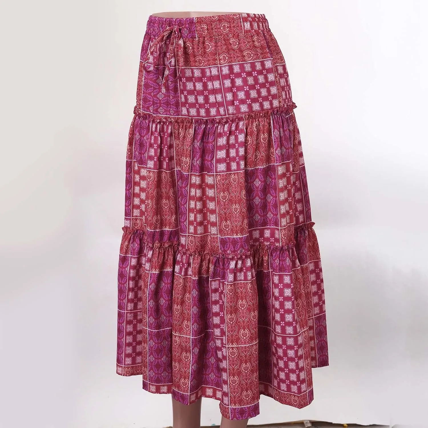 Women Summer Floral Maxi Skirt Boho Flowy Plaid Long Skirt Comfy Pleated Vacation Beach Color Block A-Line Skirts