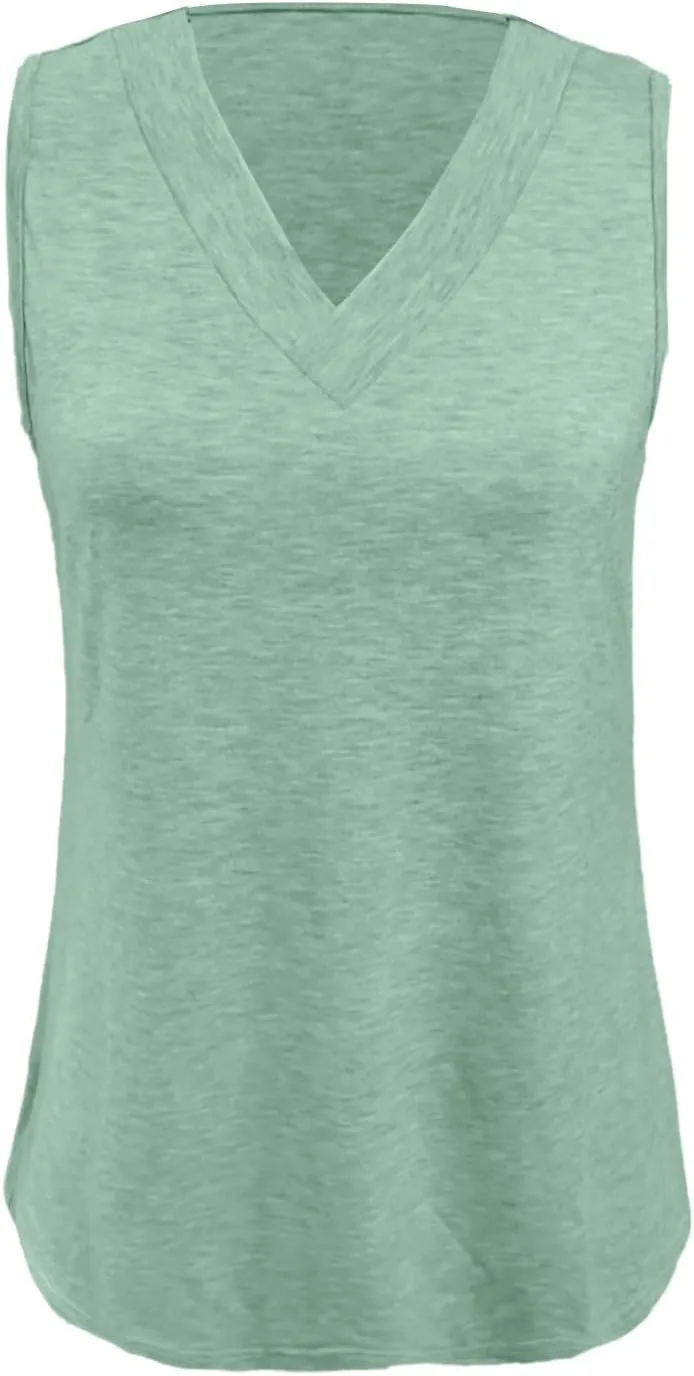 Women Summer Tank Tops Basic 2025 Vacation Sleeveless V Neck Loose Fit Tees Beach Fashion Outfits
