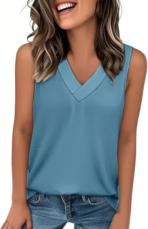 Women Summer Tank Tops Basic 2025 Vacation Sleeveless V Neck Loose Fit Tees Beach Fashion Outfits
