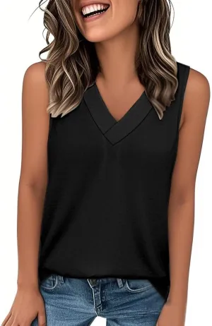 Women Summer Tank Tops Basic 2025 Vacation Sleeveless V Neck Loose Fit Tees Beach Fashion Outfits