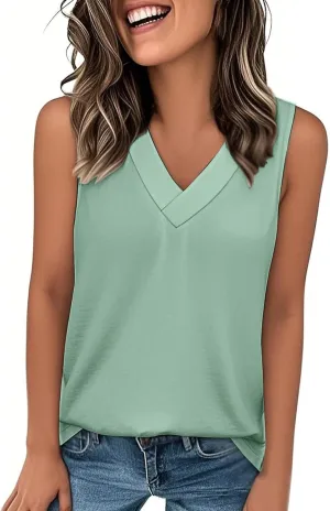 Women Summer Tank Tops Basic 2025 Vacation Sleeveless V Neck Loose Fit Tees Beach Fashion Outfits