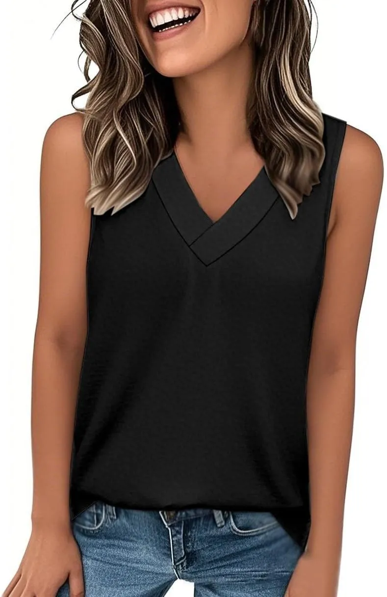 Women Summer Tank Tops Basic 2025 Vacation Sleeveless V Neck Loose Fit Tees Beach Fashion Outfits