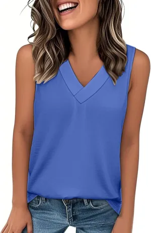 Women Summer Tank Tops Basic 2025 Vacation Sleeveless V Neck Loose Fit Tees Beach Fashion Outfits