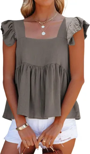 Women Summer Tops Square Neck Ruffles Sleeveless Tank Top Peplum Blouse Cute Backless Babydoll Tees