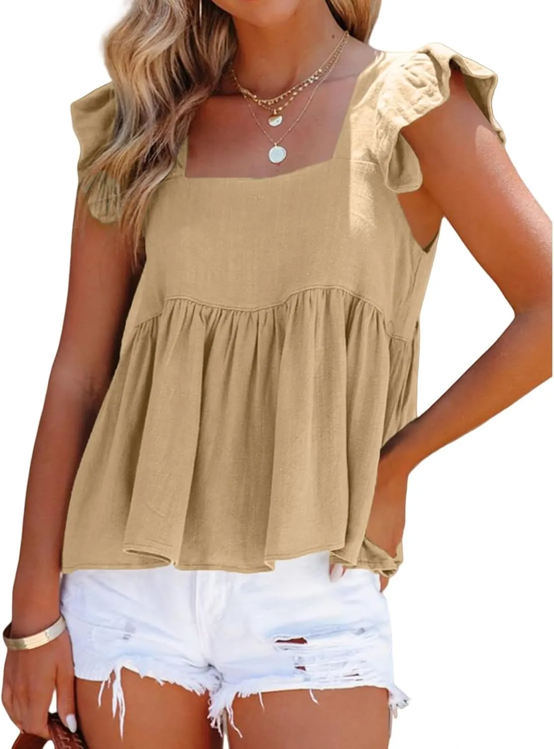 Women Summer Tops Square Neck Ruffles Sleeveless Tank Top Peplum Blouse Cute Backless Babydoll Tees