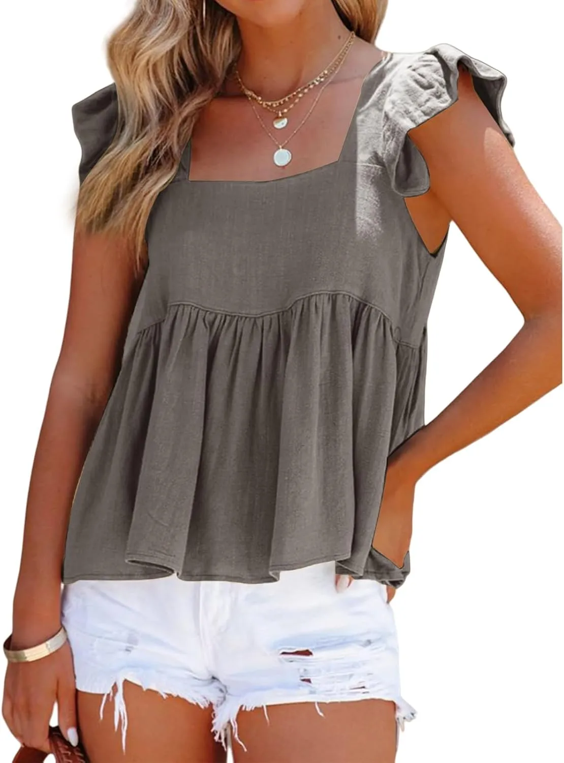 Women Summer Tops Square Neck Ruffles Sleeveless Tank Top Peplum Blouse Cute Backless Babydoll Tees