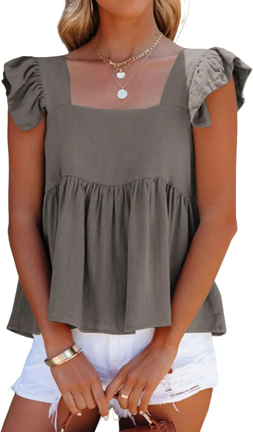 Women Summer Tops Square Neck Ruffles Sleeveless Tank Top Peplum Blouse Cute Backless Babydoll Tees