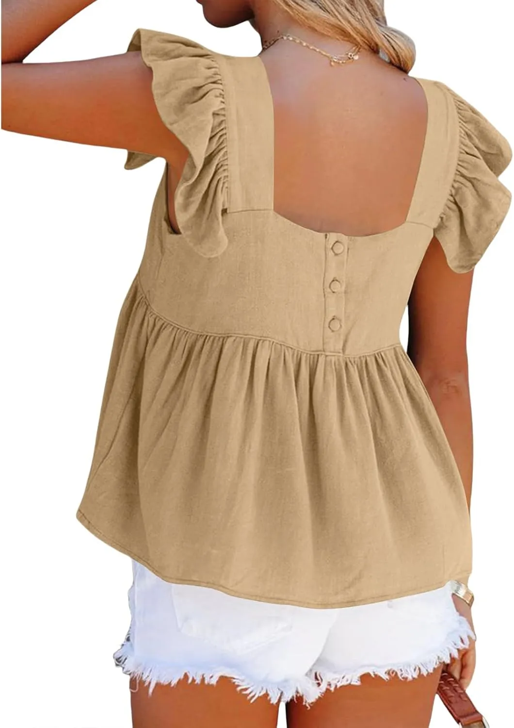 Women Summer Tops Square Neck Ruffles Sleeveless Tank Top Peplum Blouse Cute Backless Babydoll Tees