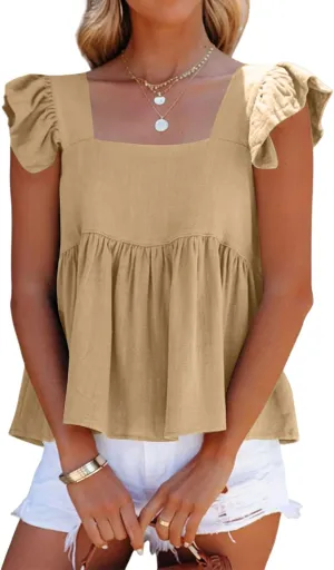 Women Summer Tops Square Neck Ruffles Sleeveless Tank Top Peplum Blouse Cute Backless Babydoll Tees
