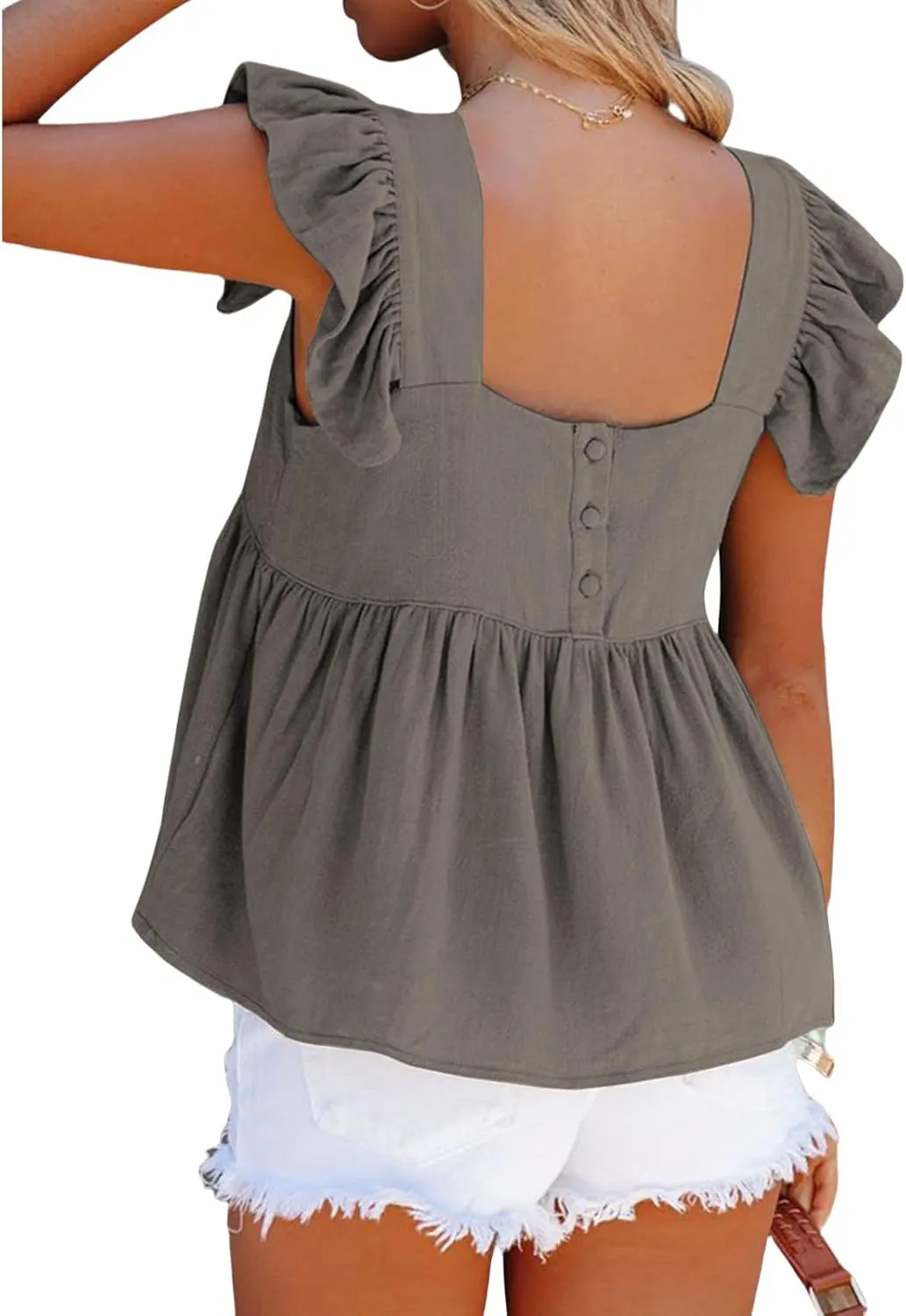 Women Summer Tops Square Neck Ruffles Sleeveless Tank Top Peplum Blouse Cute Backless Babydoll Tees