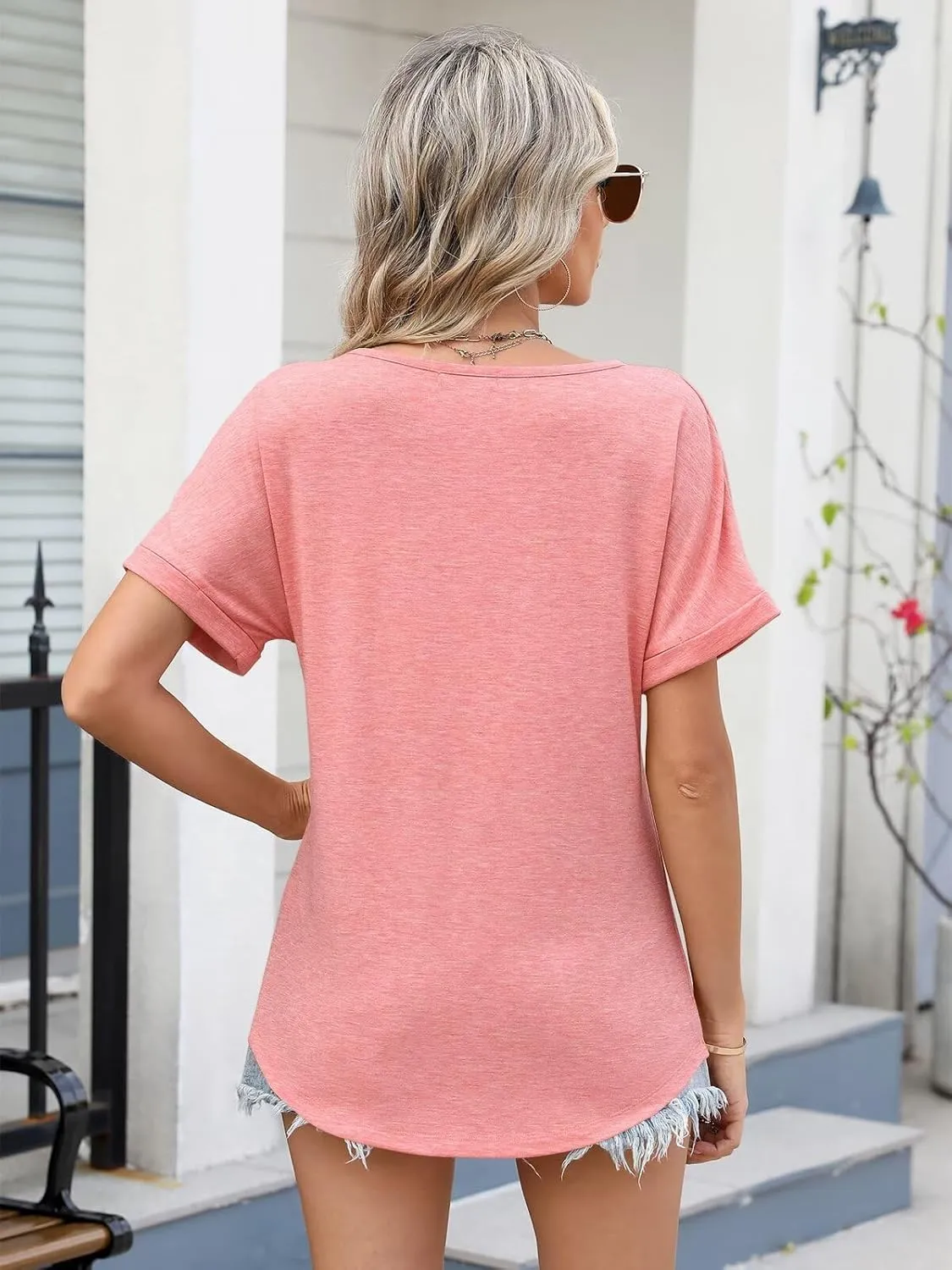 Women V Neck Rolled Sleeve Tops Summer Curved Hem Short Sleeve T Shirts Loose Fit Tees 2025