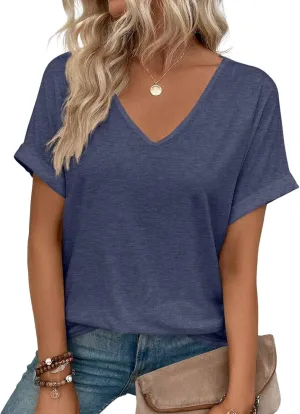 Women V Neck Rolled Sleeve Tops Summer Curved Hem Short Sleeve T Shirts Loose Fit Tees 2025