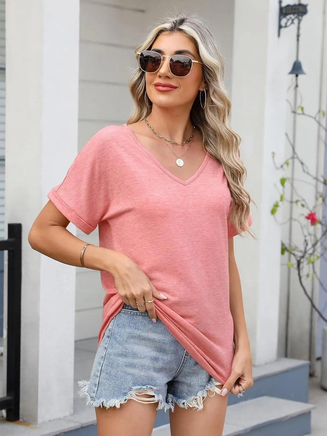 Women V Neck Rolled Sleeve Tops Summer Curved Hem Short Sleeve T Shirts Loose Fit Tees 2025