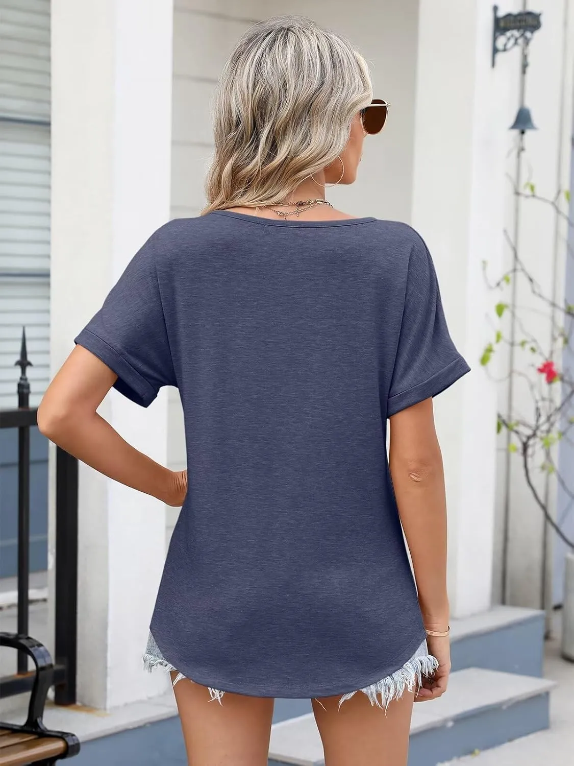 Women V Neck Rolled Sleeve Tops Summer Curved Hem Short Sleeve T Shirts Loose Fit Tees 2025