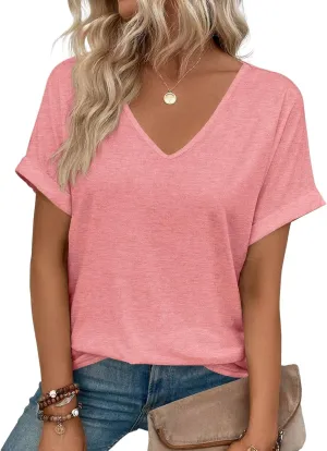 Women V Neck Rolled Sleeve Tops Summer Curved Hem Short Sleeve T Shirts Loose Fit Tees 2025
