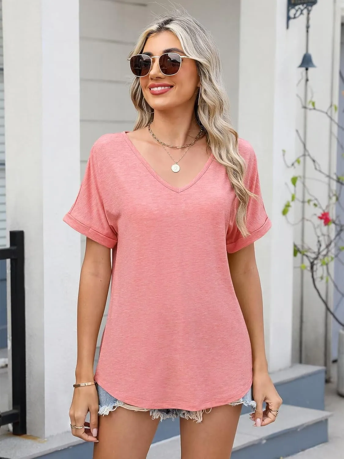 Women V Neck Rolled Sleeve Tops Summer Curved Hem Short Sleeve T Shirts Loose Fit Tees 2025