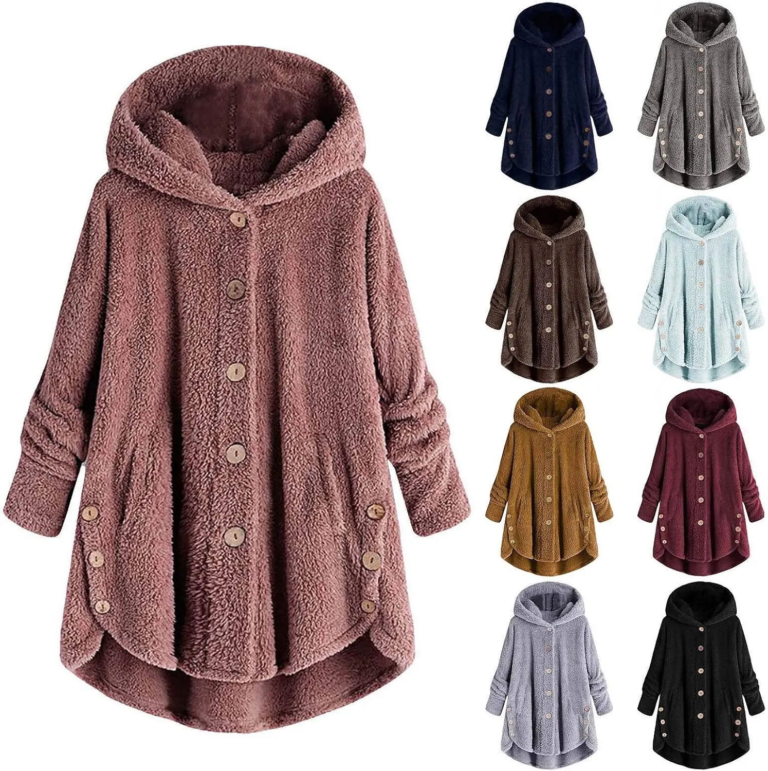 Women's 2024 Winter Fuzzy Fleece Hooded Cardigans Jacket Sherpa Long Sleeve Button Down Coats Outerwear with Pockets