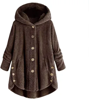 Women's 2024 Winter Fuzzy Fleece Hooded Cardigans Jacket Sherpa Long Sleeve Button Down Coats Outerwear with Pockets