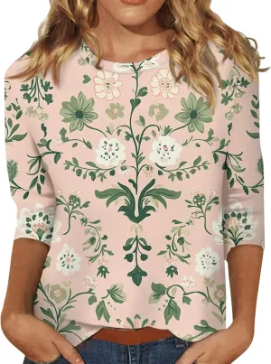 Womens 3/4 Sleeve Summer Tops Casual Round Neck Shirts Loose Fit Tunic Blouses Summer Tees T Shirts Flowy