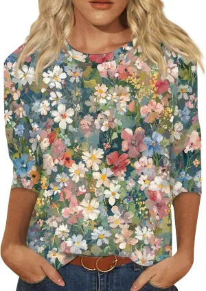 Womens 3/4 Sleeve Tops Summer Vacation Outfits Graphic Tees Crew Neck T Shirt Flower Print Loose Fit Casual Blouse