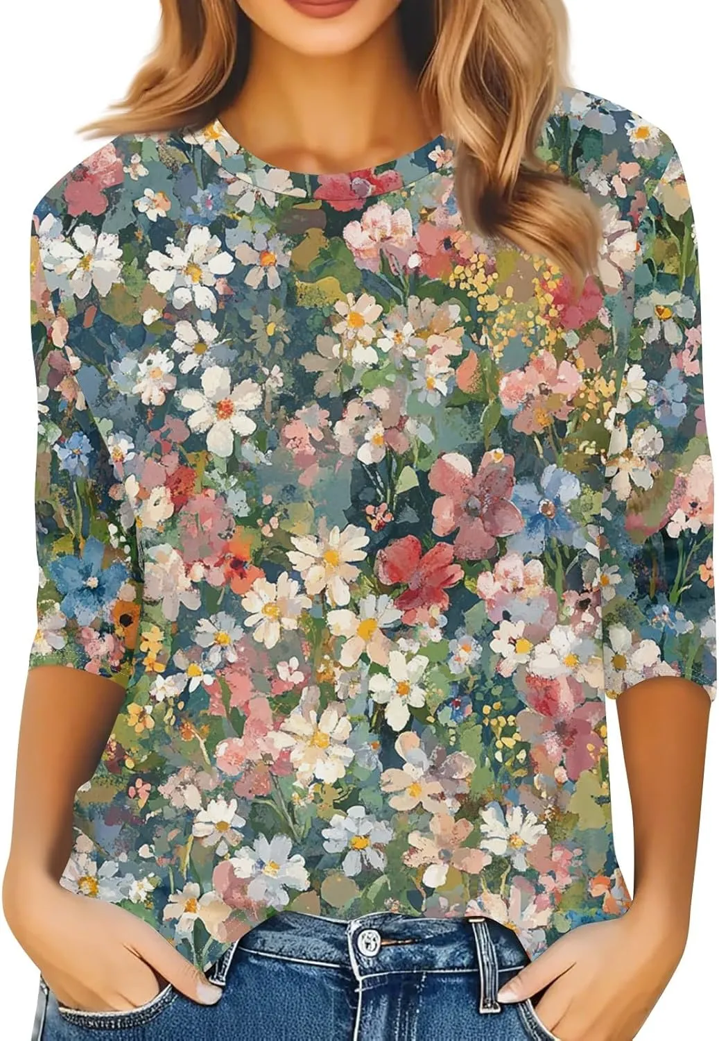 Womens 3/4 Sleeve Tops Summer Vacation Outfits Graphic Tees Crew Neck T Shirt Flower Print Loose Fit Casual Blouse