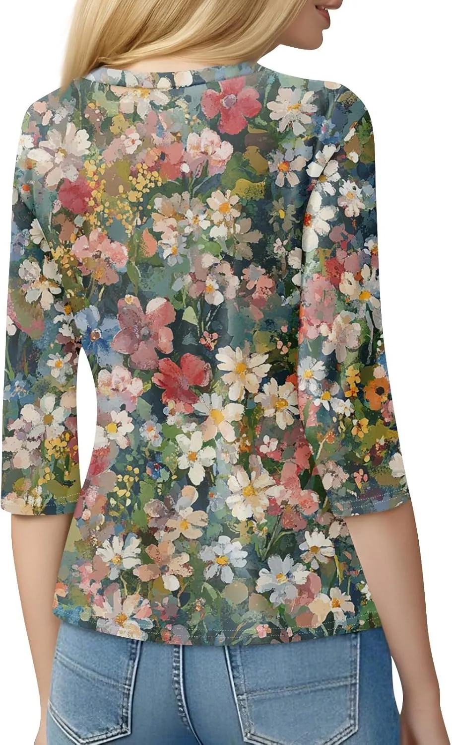 Womens 3/4 Sleeve Tops Summer Vacation Outfits Graphic Tees Crew Neck T Shirt Flower Print Loose Fit Casual Blouse