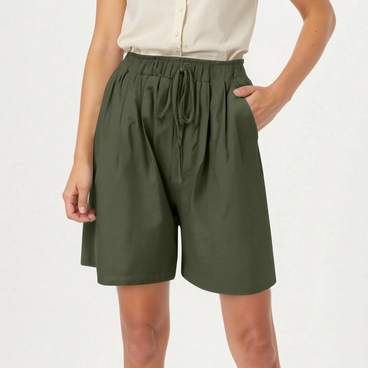 Womens Bermuda Linen Shorts Wide Leg Elastic High Waisted Shorts Casual Summer Flowy Trouser Short Pants with Pockets